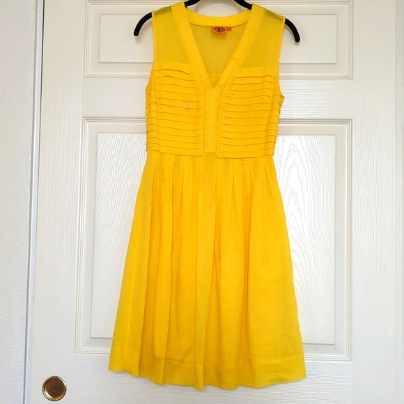 Tory Burch Isobel V Neck Cotton Silk Summer Sun Dress Limoncello Yellow - Picture 3 of 8
